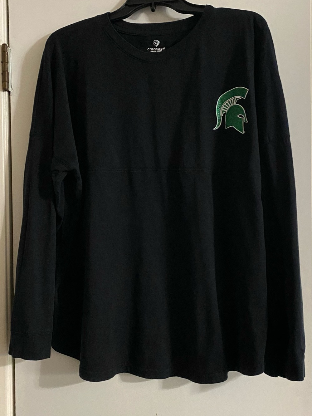 Michigan State women’s Black Long-Sleeve Tee with Green Spartan Logo